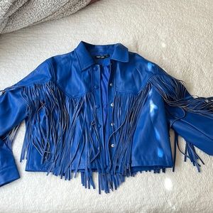 Blue faux leather fringe jacket